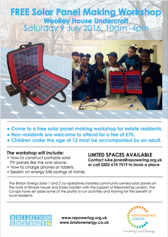 Solar Panel Making Workshop on Saturday 9 July 10am – 4pm  Wooley House Undercroft