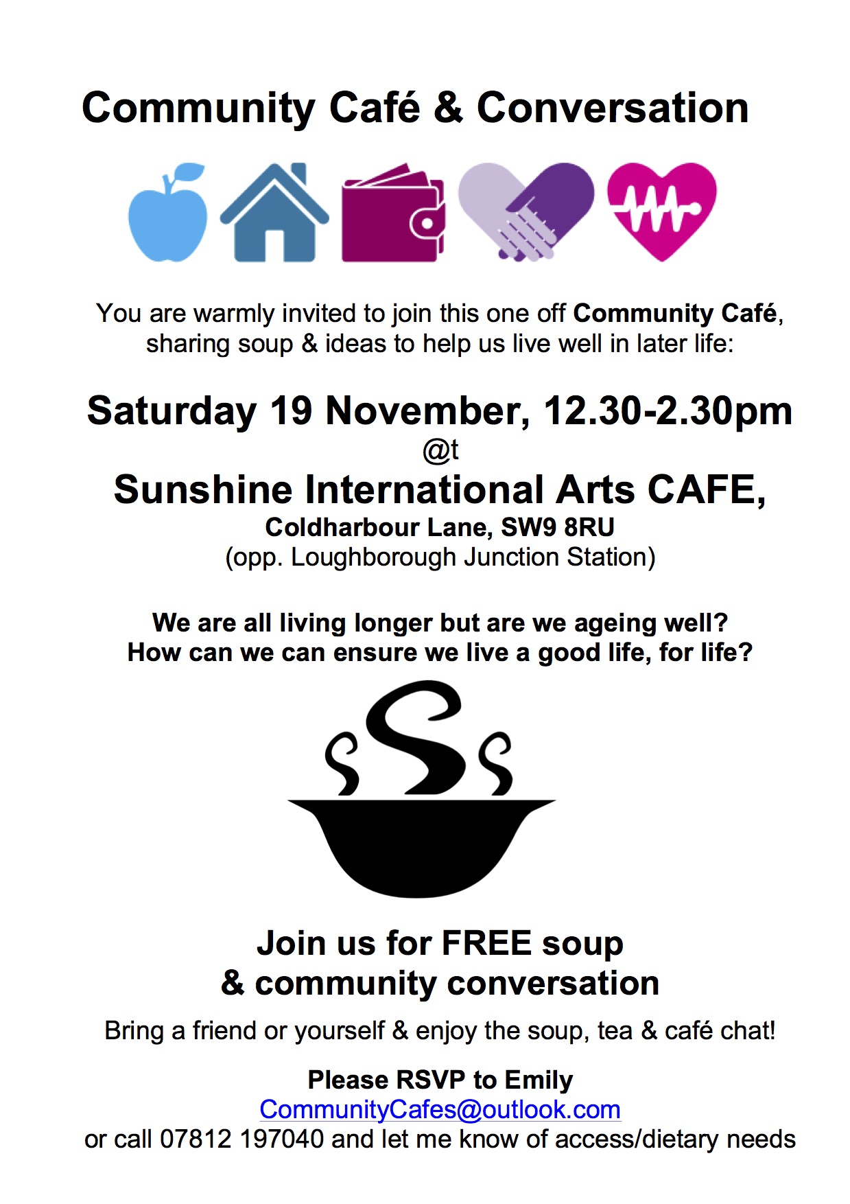 Community Cafe at Sunshine International Arts on Saturday 19 November  12.30-2.30pm