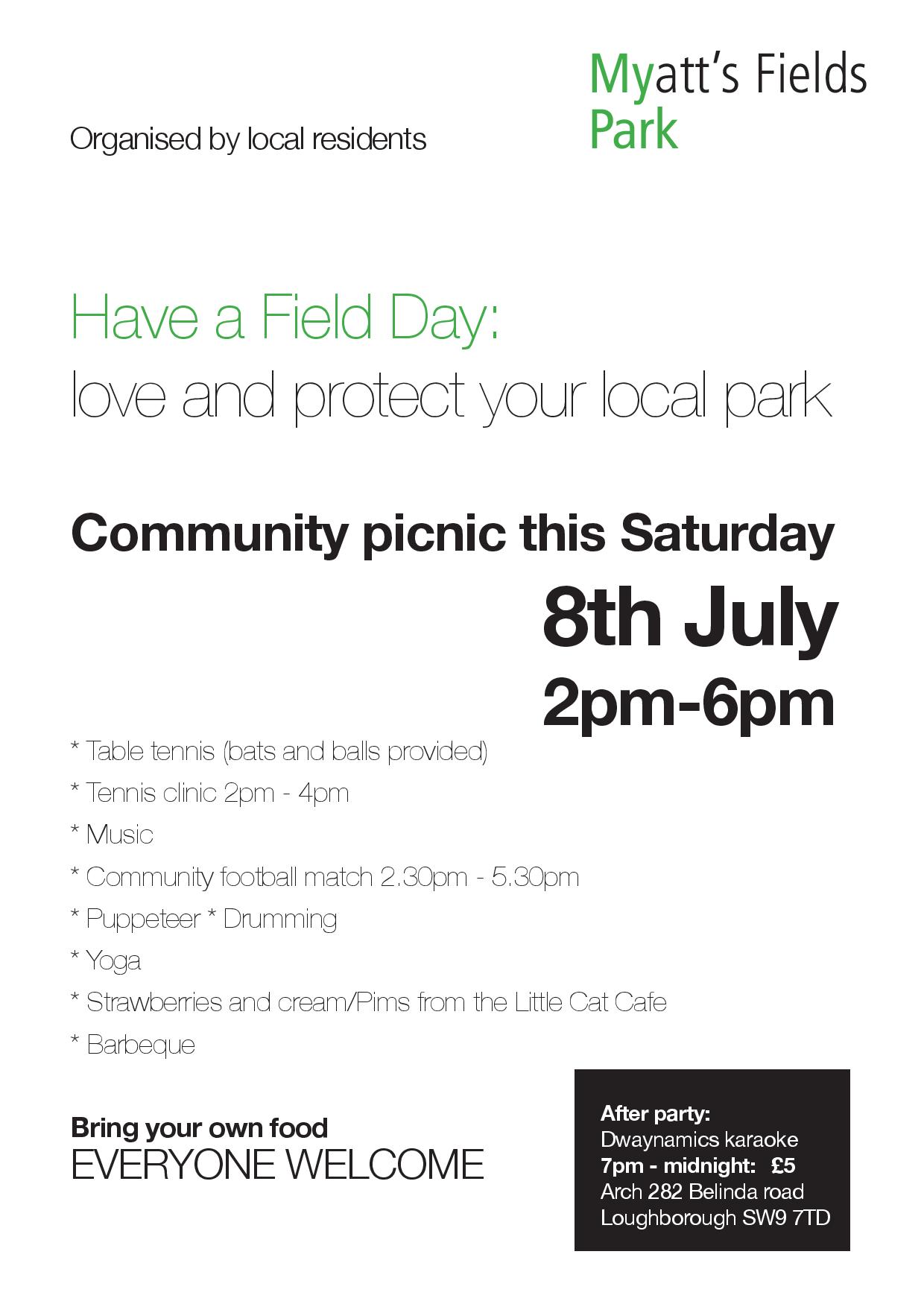 Community Pic Nic in Myatt’s Field Park THIS Saturday 8 July 2-6pm