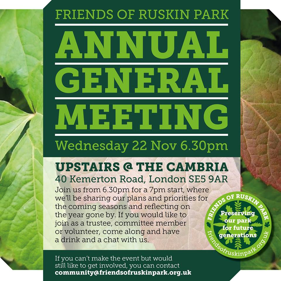 Friends of Ruskin Park Annual General Meeting Upstairs at The Cambria