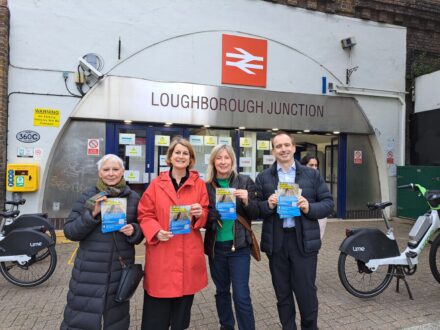 MP Helen Hayes in front of Loughborough Junction station with LJAG campaigners